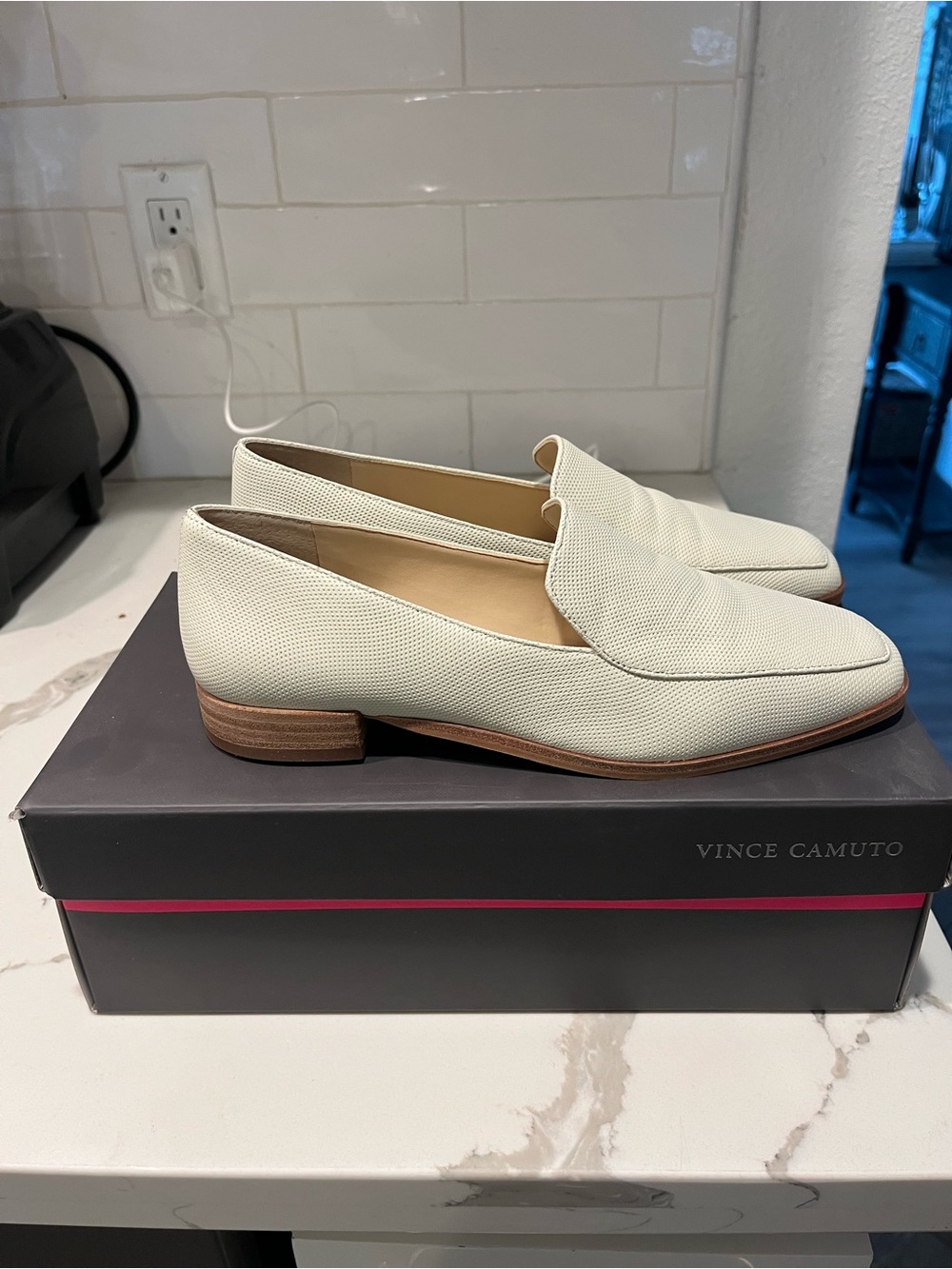 Vince Camuto Cream Textured Leather Slip-On Loafers